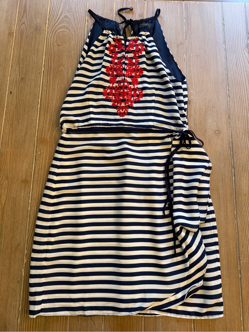 THML Striped Navy and White Halter Dress with Red Embroidery